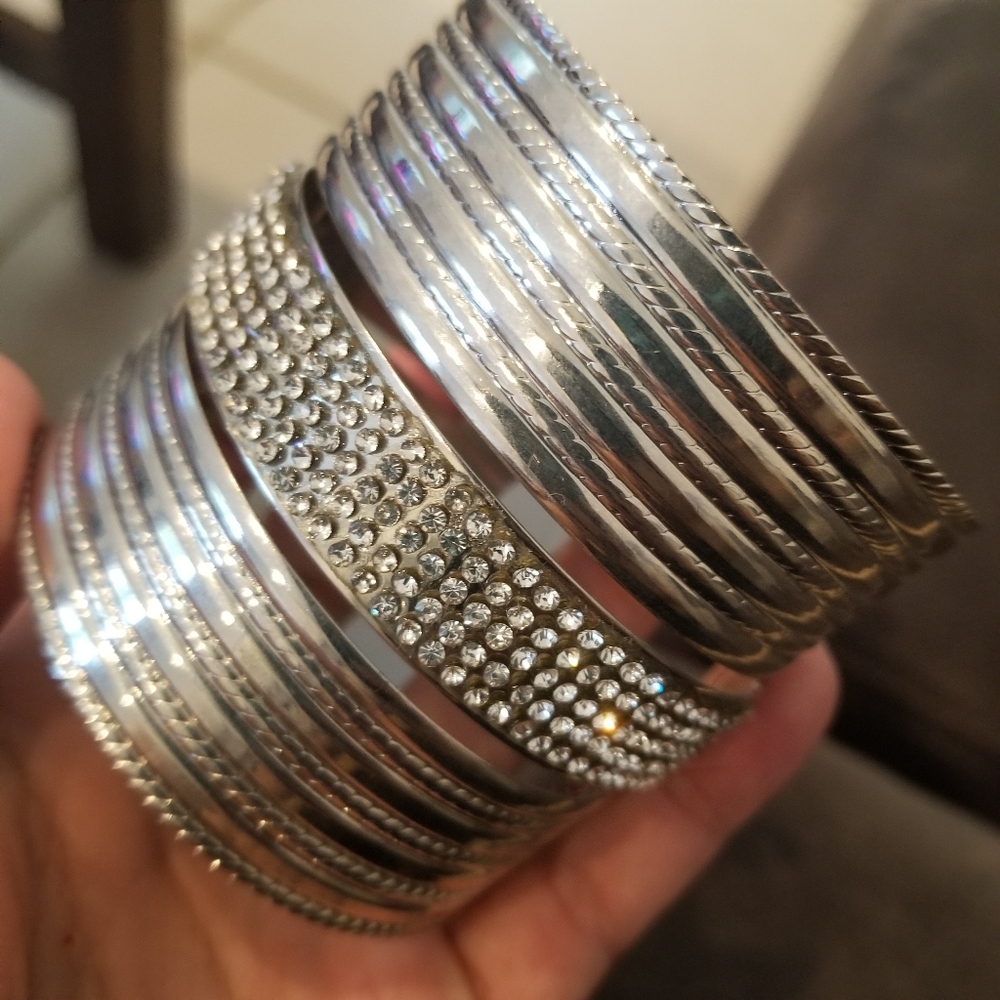 Silver Crystal Cuff Bracelet Wide Statement Bangle Fits Medium to Large See Pics